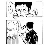 Manga panels of Daichi noticing something odd in his mouth, then spitting out a tooth. Yamaguchi and Hinata react, "Eep! A tooth??"