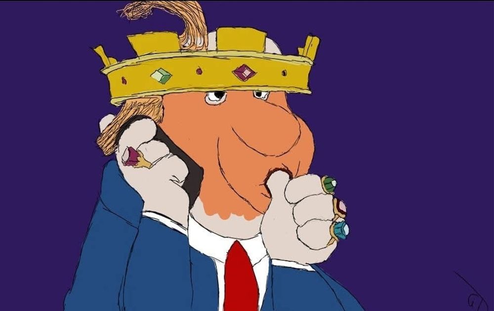 A parody painting of Donald Trump sucking his thumb like Prince John in Disney's Robin Hood.