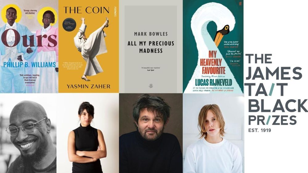 Image of four book covers with photos of their authors. Books are The Coin, Yasmin Zaher, Phillip B. Williams, Ours, Lucas Rijneveld, My Heavenly Favourite, translated by Michele Hutchison, Mark Bowles, All My Precious Madness