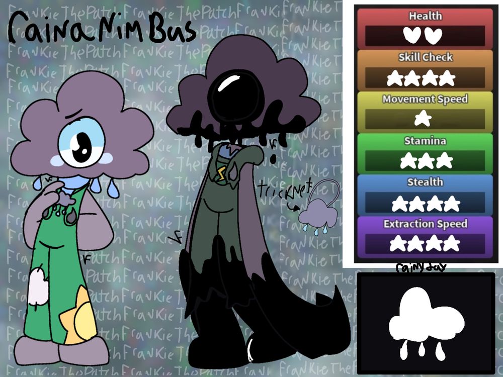 Raina Nimbus is a dark storm cloud toon (He is also intended to be a main!) Rainy day would allow for twisted toons to temprirayly led away in the direction the player is facing. lasts for around 15 seconds, has a cool down of 30 seconds