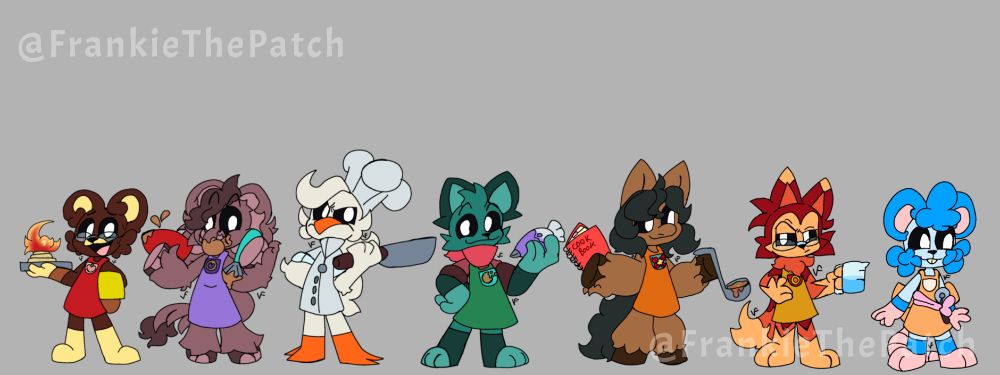 All my Cooking Critters characters in a line, theirs Bubtail, Wolly Wolloth, Gill Gosling, Kindlin Kitten, Marinatin Mare, Precise Pomsky, and Mix Mouse