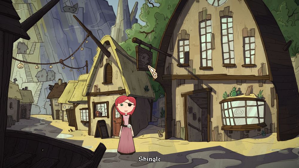 A screenshot of Nelly in a pirate dress outside a tavern built using the prow of a wrecked ship.