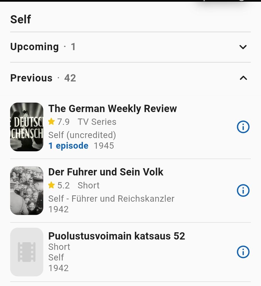 A screenshot of Hitler's appearances as "Self" including one upcoming role.