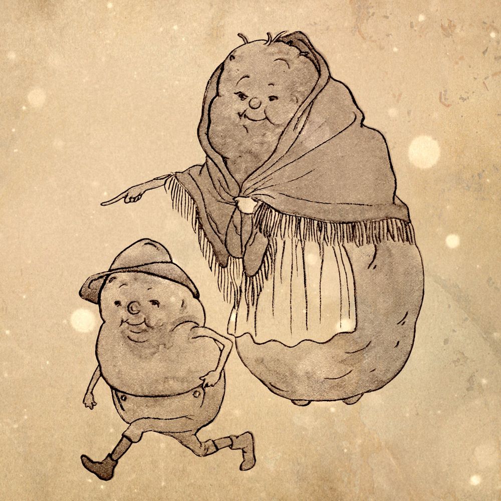 A sepia toned illustration showing a smiling mother and son who are both potatoes.