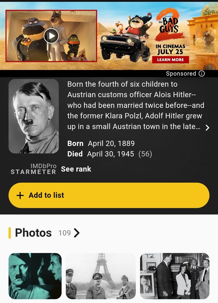 A screenshot of Hitler's IMDb page, including his biography and photographs. The advert at the top is for The Bad Guys 2.