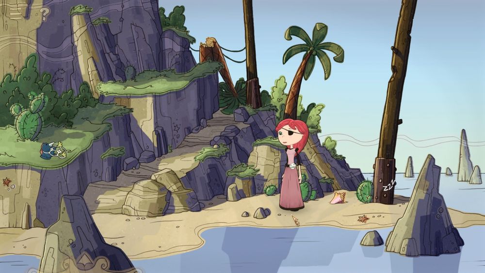 A screenshot of a chilly island beach surrounded by jagged rocks.