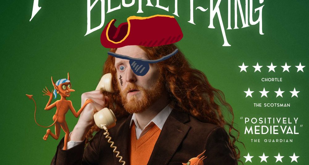 A crop of the poster for my show, featuring me and a little devil. I have drawn piratical accoutrements onto me and the devil for no reason.