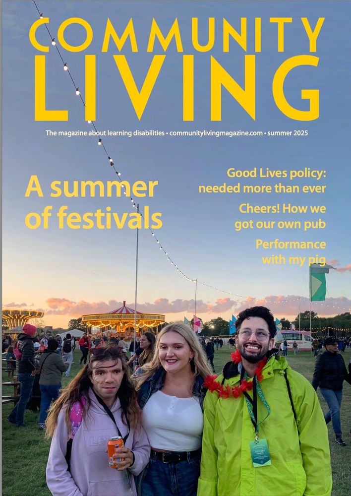 Front cover image with 'Community Living' in yellow font above a festival image of three people smiling at the camera with fairground rides in the background.