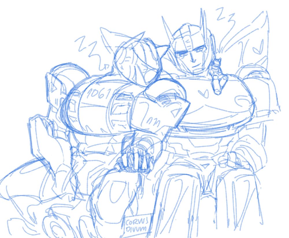 Jazz' mecha leaning on Prowl and linking hands while Jazz (the human) is porched on Prowl's shoulder. Both jazz and the mecha are resting/sleeping. Prowl is pleased and comfortably looking at the resting mecha.