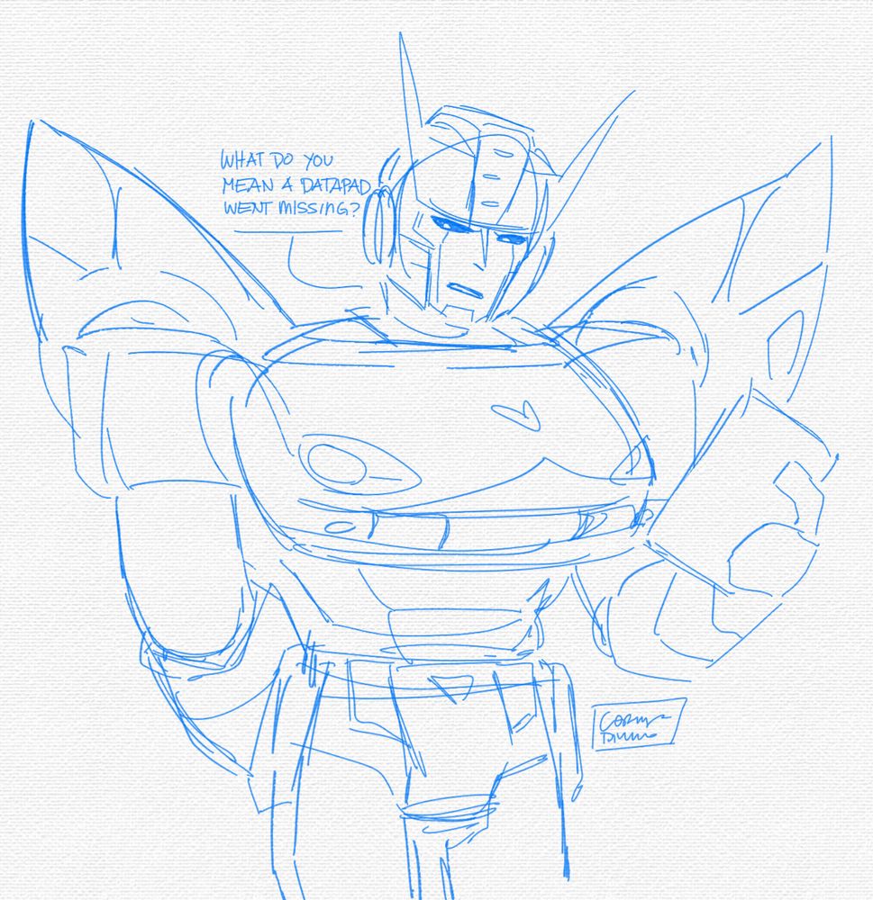 Prowl looking judgemental at someone (not in the drawing). His right arm is tucked behind him and his left is holding a datapad. He's saying "What do you mean a datapad went missing?"