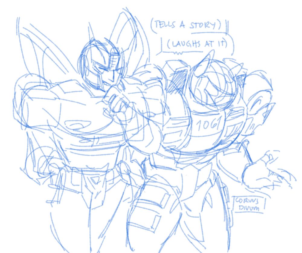 Mecha Jazz telling a story and Prowl laughing at the story