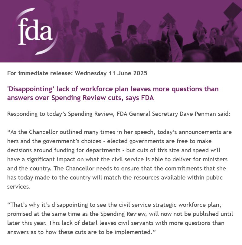 FDA press release: ‘Disappointing’ lack of workforce plan leaves more questions than answers over spending review cuts, says FDA