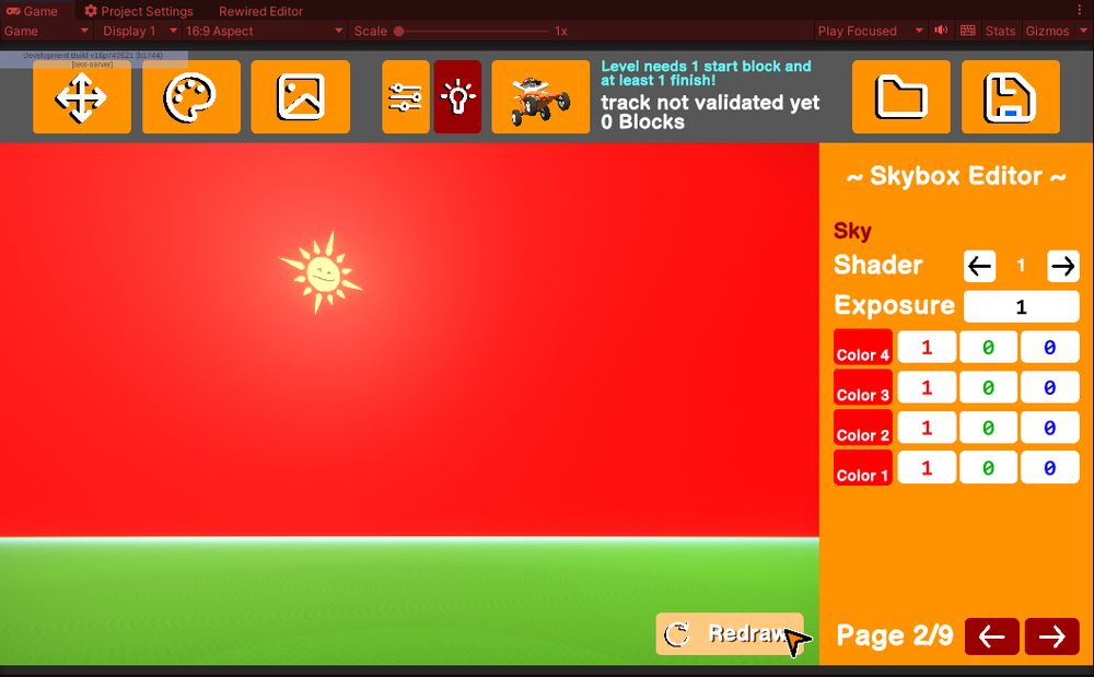 Screenshot of the Zeepkist Level Editor, showcasing a completely red sky and a tool that allows changing the color of the sky.