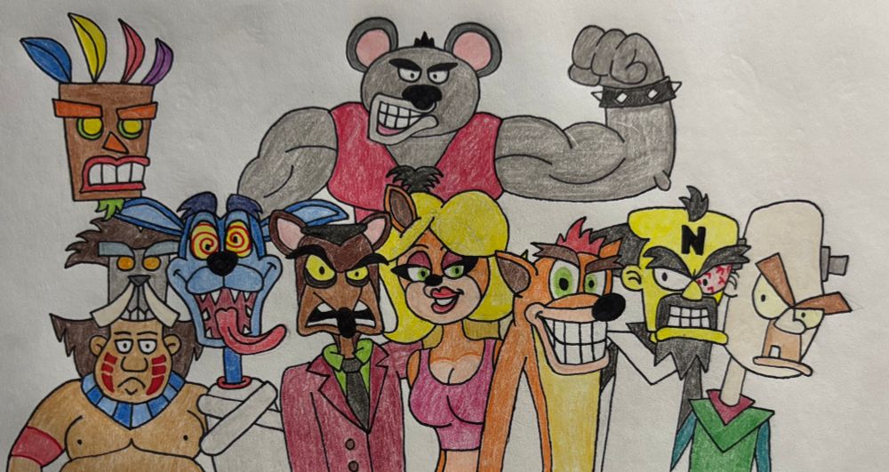 A redraw of promo art from the first Crash Bandicoot game.
Back row (from left to right): Aku Aku and Koala Kong.
Front row (from left to right): Papu Papu, Ripper Roo, Pinstripe Potoroo, Tawna Bandicoot, Crash Bandicoot, Dr. Neo Cortex, Dr. Nitrus Brio.