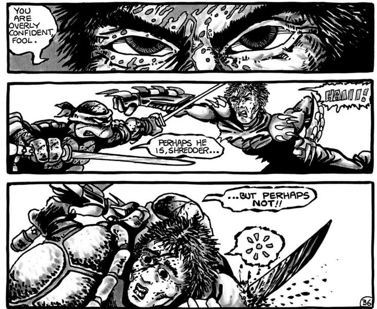Screenshot of page from a Eastman & Laird "Teenage Mutant Ninja Turtles" comic book. Three horizontal frames, black and white comic art. One of the turtles drives a sword through Shredder in the last panel. 