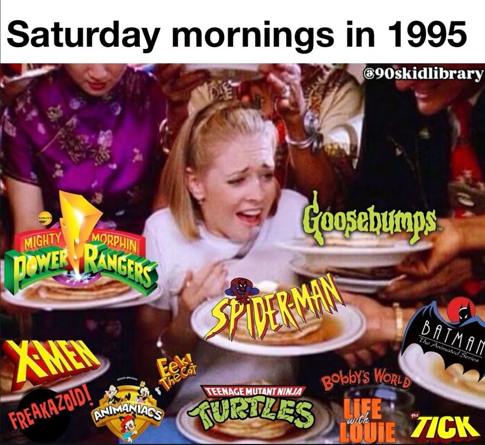 Saturday mornings in 1995
Imagine getting offered a million plates of pancakes except each one is a show:
Power Rangers, goosebumps, spider-man, x-men, animaniacs, tmnt, Bobby's world, the tick, Batman eek! The cat, freakazoid!, and life with Louie are all represented 