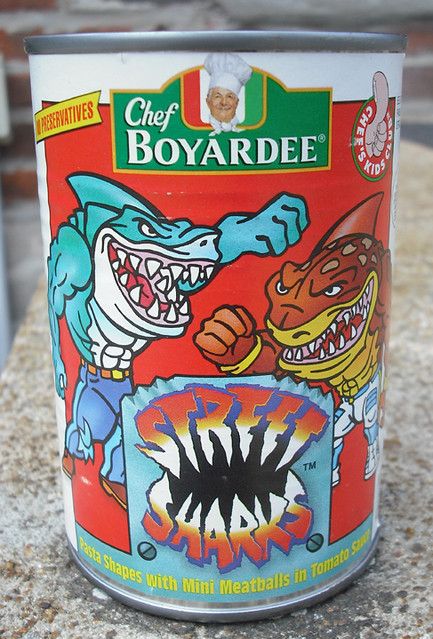 Chef Boyardee can of Street Sharks branded 'pasta shapes with mini meatballs in tomato sauce'