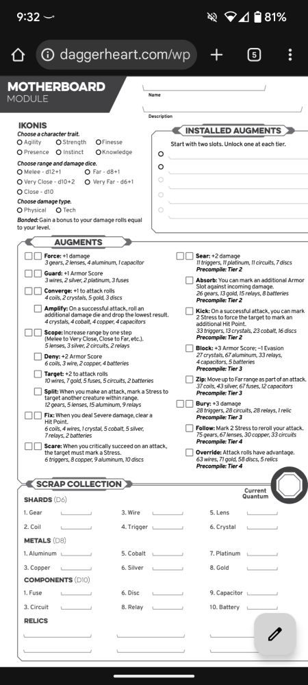 Screen cap of Daggerheart Motherboard module character sheet expansion
