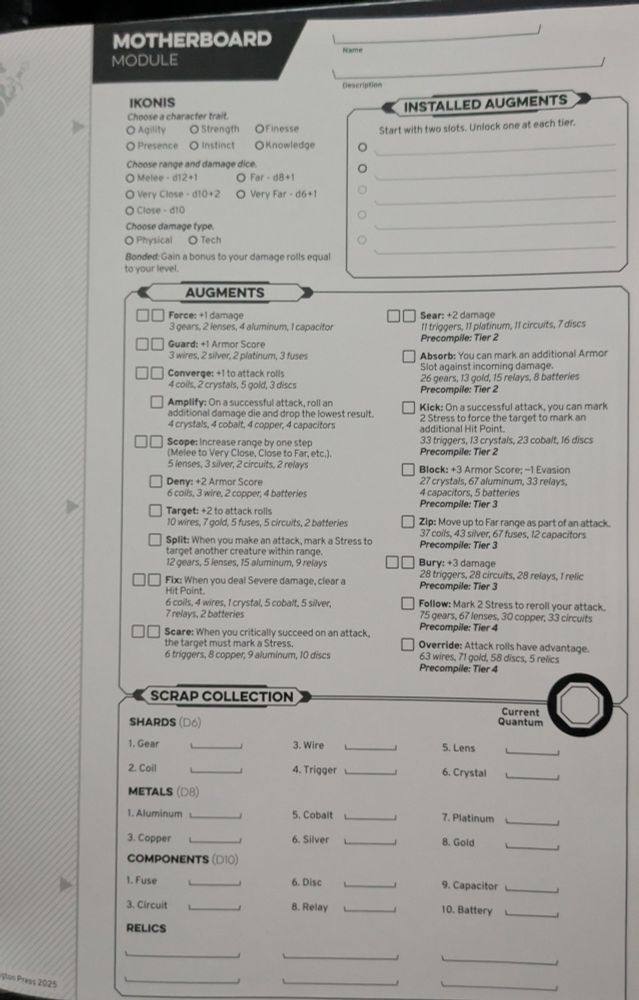 Daggerheart motherboard add-on sheet showing weapon crafting, and scrap collection