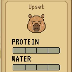 Screenshot of a brown Tamagotchi-type bear looking really angry. The word upset is over his head. There are charts that track both protein and water. They are both blank.