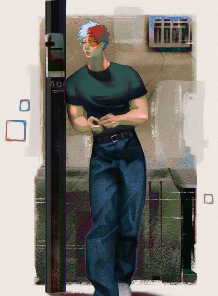 Shoto Todoroki, 25, leaning against a pole