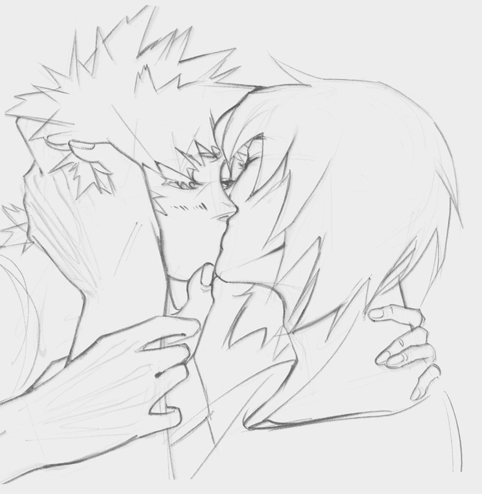 Bakugou Katsuki and Kirishima Eijirou from My Hero Academia sharing a sweet kiss.
