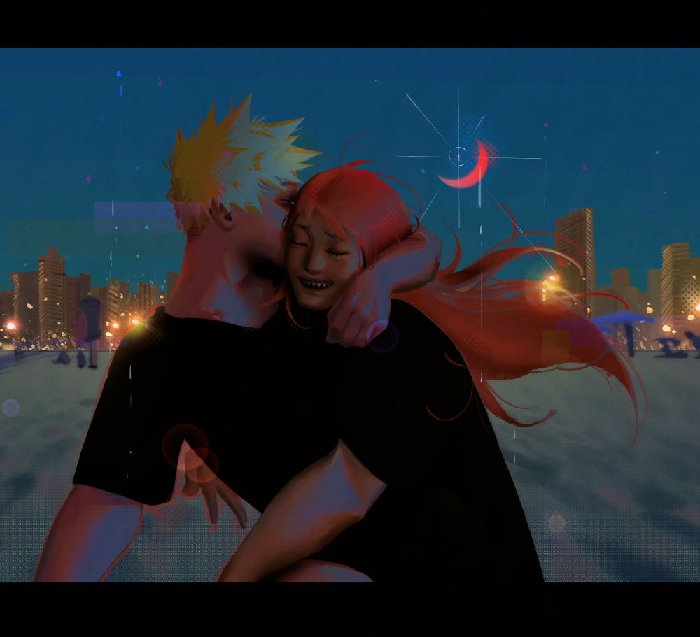 Katsuki Bakugou and Eijirou Kirishima from My Hero Academia embracing each other on a beach with the city backlit behind them. Katsuki is pressing a sweet kiss to Eijirou's temple. 