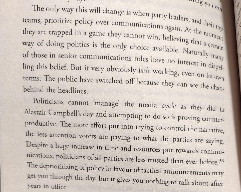 A passage from Sam Freedman's book Failed State. It says politicians are trapped in a (comms) game they cannot win and calls for prioritising policy over communications.
