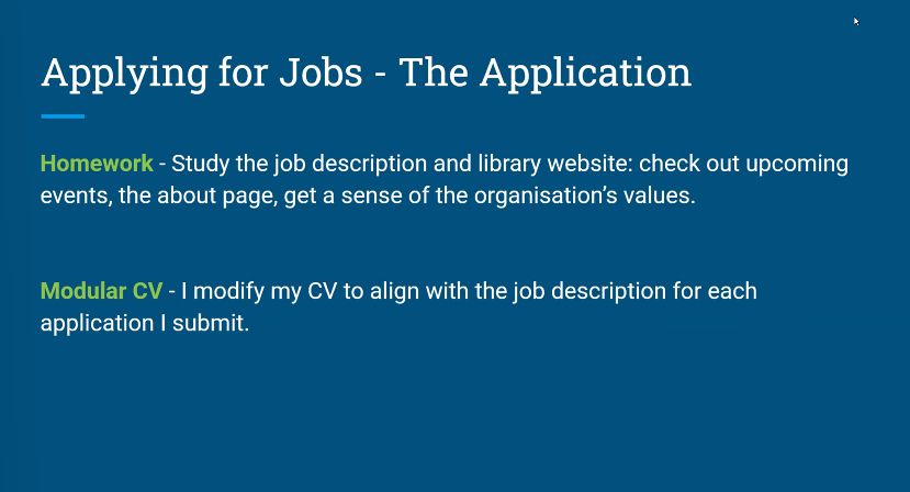 Presentation slide on the application. Content covers doing your homework on the organisation and modifying your CV to the role. 