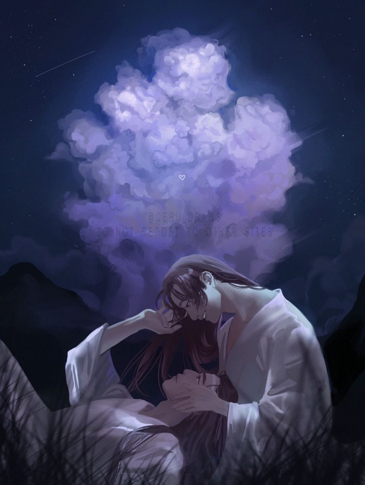 Image is of a digital painting featuring the characters Wei Wuxian and Lan Wangji from the novel Mo Dao Zu Shi. They are drawn as if being perceived from laying down on the grass in front of them so only their side profiles and torsos are visible. Both of them are dressed in white under robes. It is nighttime, but the moon is full and casting a bright enough light to highlight their forms in light blue. A large fluffy cumulonimbus cloud formation, rendered in many shades of purple, billows in the background rising from dark mountains in the distance. It's practically glowing with moonlight. Wei Wuxian holds Lan Wangji's head in his lap with his own head bowed down slightly. His hands cradle Lan Wangji's cheekbones and jaw. He is softly smiling, teeth showing. One of Lan Wangji's hands is reaching up into Wei Wuxian's flowing hair and he has a serene yet focused look on his face. Both of them look not upon the starry night sky above them, but rather into each other's eyes. They are drawn to look utterly at peace and content to share another night in each other's company. There is a single small light purple heart drawn over their heads nearly blending in with the painted clouds, of which some of the light puffy forms almost look like rabbits hopping among the vapor. /End alt text