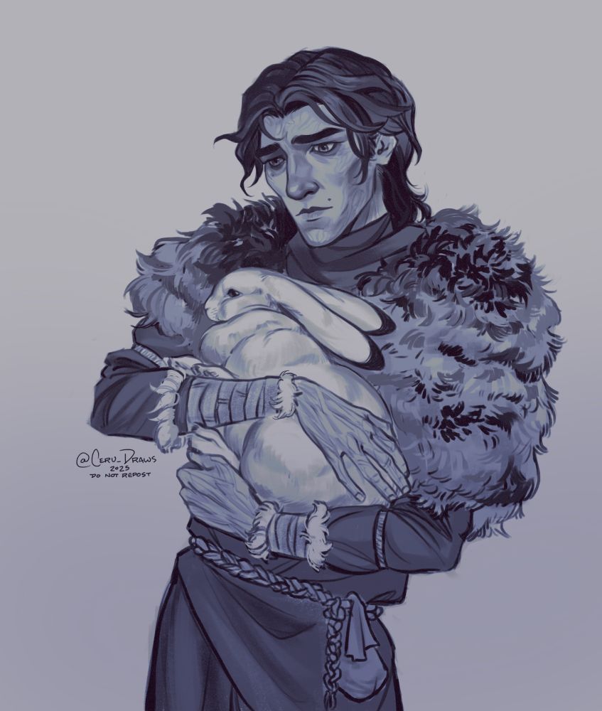 Image is a digital drawing of Viktor from the show Arcane but a version of him as written in a fan fiction by the author linked in the post. He is drawn from the waist-up wearing a robe and a heavy fur pelt around his shoulders, wrapped cloth strips on his forearms and a woven belt with a small pouch hanging from it. He is cradling a large white rabbit in his arms and close to his chest. Viktor is looking down at the rabbit, named Chione, with a very fond yet complicated expression on his face. It is clear he loves this rabbit a great deal. He has short messy hair that grows longer at the neck and he has wavy scarring around the sides of his face and on his hands. The drawing is monotone with colors ranging from dark desaturated purple to lilac with a small amount of painterly rendering adding some depth and shadow. End ID.