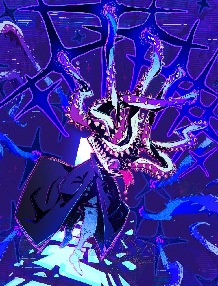 Cropped version of previous image. An explosive-looking background scene of blue with glitchy static and TV scanlines. Strange eye-patterned star portals form along and around the path the cloaked character walks out on, the path consisting of a crumbling glass stairway. Their toothed tentacles span from their head into these portals and through multiple along side them. They have most of their face covered with a toothless grin gleaming beneath the tentacles and behind the coat's collars.