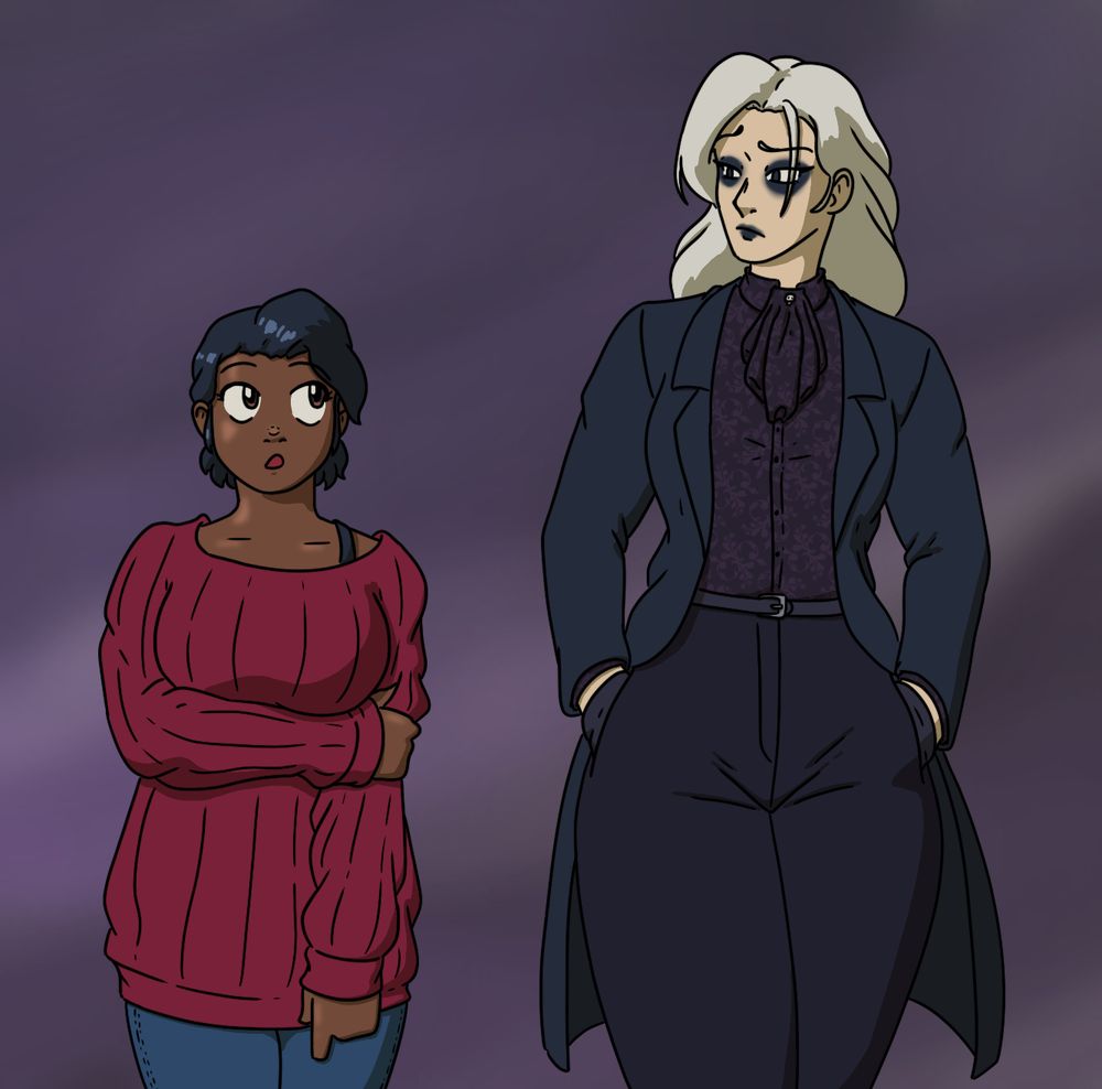 A short and slightly chubby woman absolutely smitten by a tall goth futch (who is, in fact, the grim reaper).