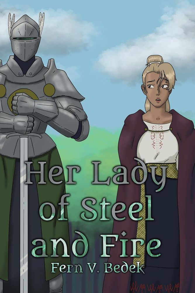 Cover for Her Lady of Steel and Fire
A dark lesbian dark fantasy novella between a princess and a knight. With there being more to the knight than meets the eye... or, actually, only what meets the eye. It'll make sense.