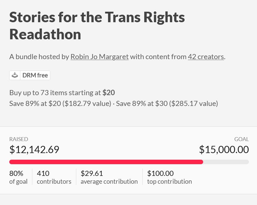 Stories for the Trans Rights Readathon
Currently at $12 142.69 out of $15 000.