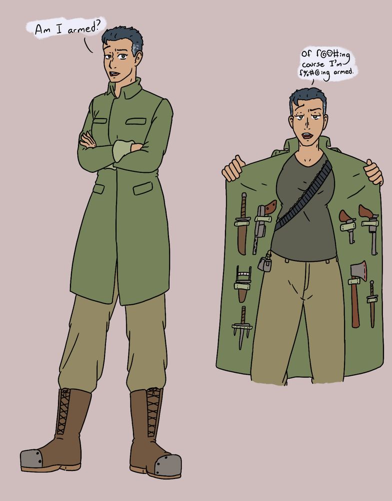 Meroka from Terminal World.
A heavily armed no-nonsense lesbian.
My own art, because she's from a novel and has no official art.