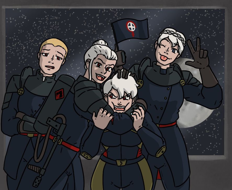 Three women in black pseudo armour uniforms, with a mix of white or blonde hair and blue or red eyes, surrounding an angry woman in a mech pilot uniform with white hair and red eyes. They are on a space station or space ship, with the dwarf planet Ceres in the background.
