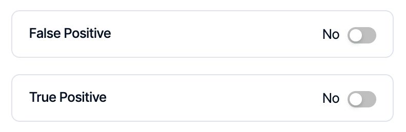a dialog box with two toggle switches labeled "False Positive" and "True Positive" both set to "No"