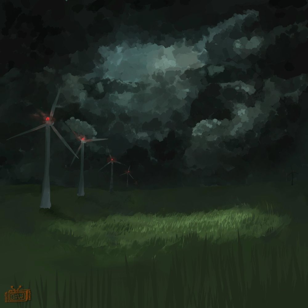 Wind turbines in a field, the sky is dark and stormy except for one spot where the rays of sunshine fall on the ground 