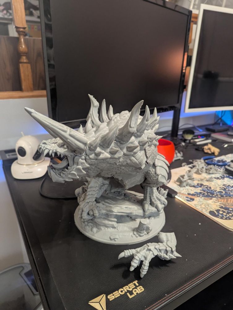 A picture of the 3d printed tarrasque loosely assembled