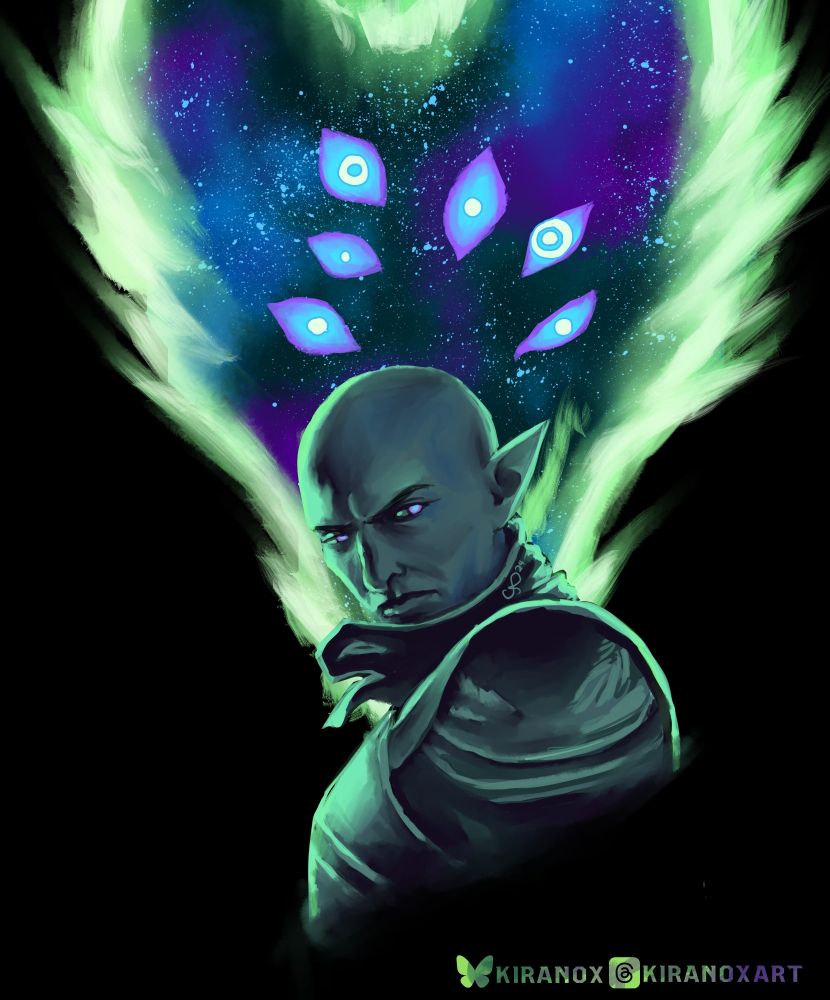 An illustration of the character Solas from Dragon age against a rift shaped like the dread wolf