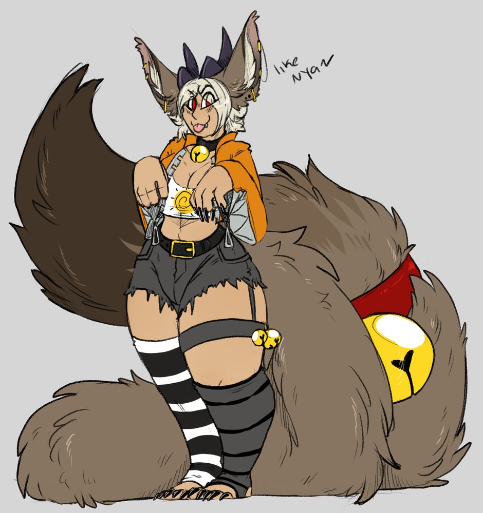 A peppy looking demi-fox girl with creamy white hair, tanned skin, and deep red eyes. She has a massive set of gingerbrown fox ears, an absolutely enormous and overly fluffy tail with a bell on it, and a set of small black-purple horns. She wears a cute outfit with torn shorts, mismatched leggings, and an orange crop hoodie. 