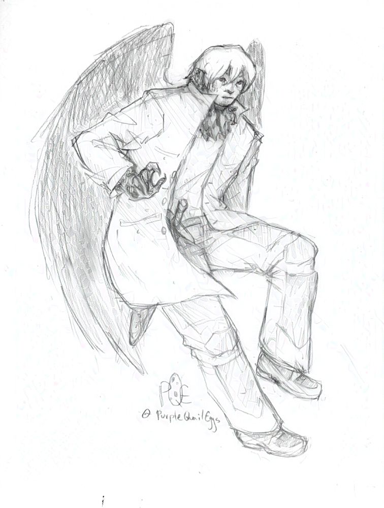 A sketch of Grian as a vulture avian, ready to draw his sword.