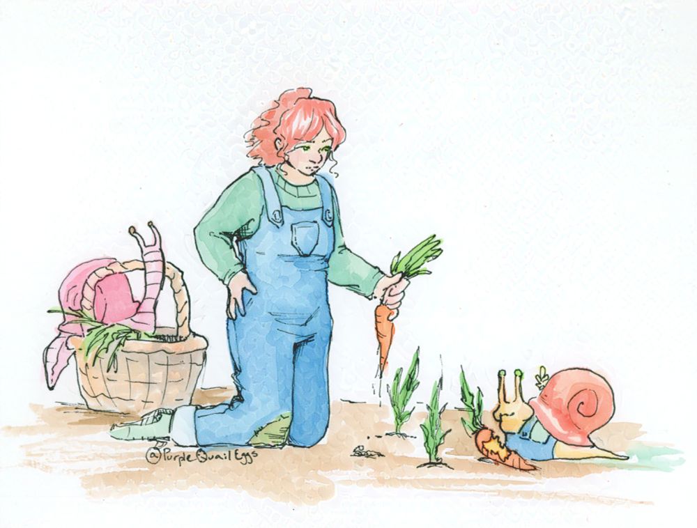 A watercolor painting of Geminitay in her garden harvesting carrots. Her snail is nearby, mischievously eating one of the carrots.