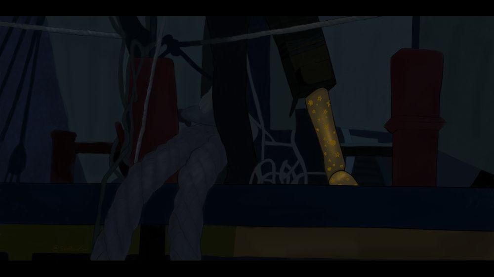 A frame of izzy standing on the revenge, but you can only see his legs next to big rope. I did slightly increase the original brightness and drew lil stars on his golden leg
