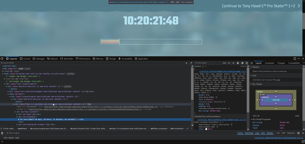 The tonyhawkthegame.com website featuring a teaser for the next Tony Hawk's Pro Skater announcement. Inspect Element is being used on the site to reveal that the content used on the website is labeled as "thps-3-4" which means that the next Tony Hawk's Pro Skater game will be a remake of Tony Hawk's Pro Skater 3+4