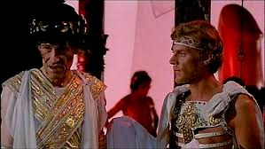 A scene from the movie, Caligula. Malcolm McDowell plays Caligula and Peter O'Toole portrays Tiberius. 