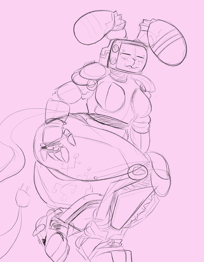 Digital sketch of a feminine robot lady with a tv head, she has large bunny ears and a machinery parts, the screen has a cute face with closed eyes and a squiggly mouth as she blushes. She is posed sitting on her side with her under thighs and butt shown to the perspective 