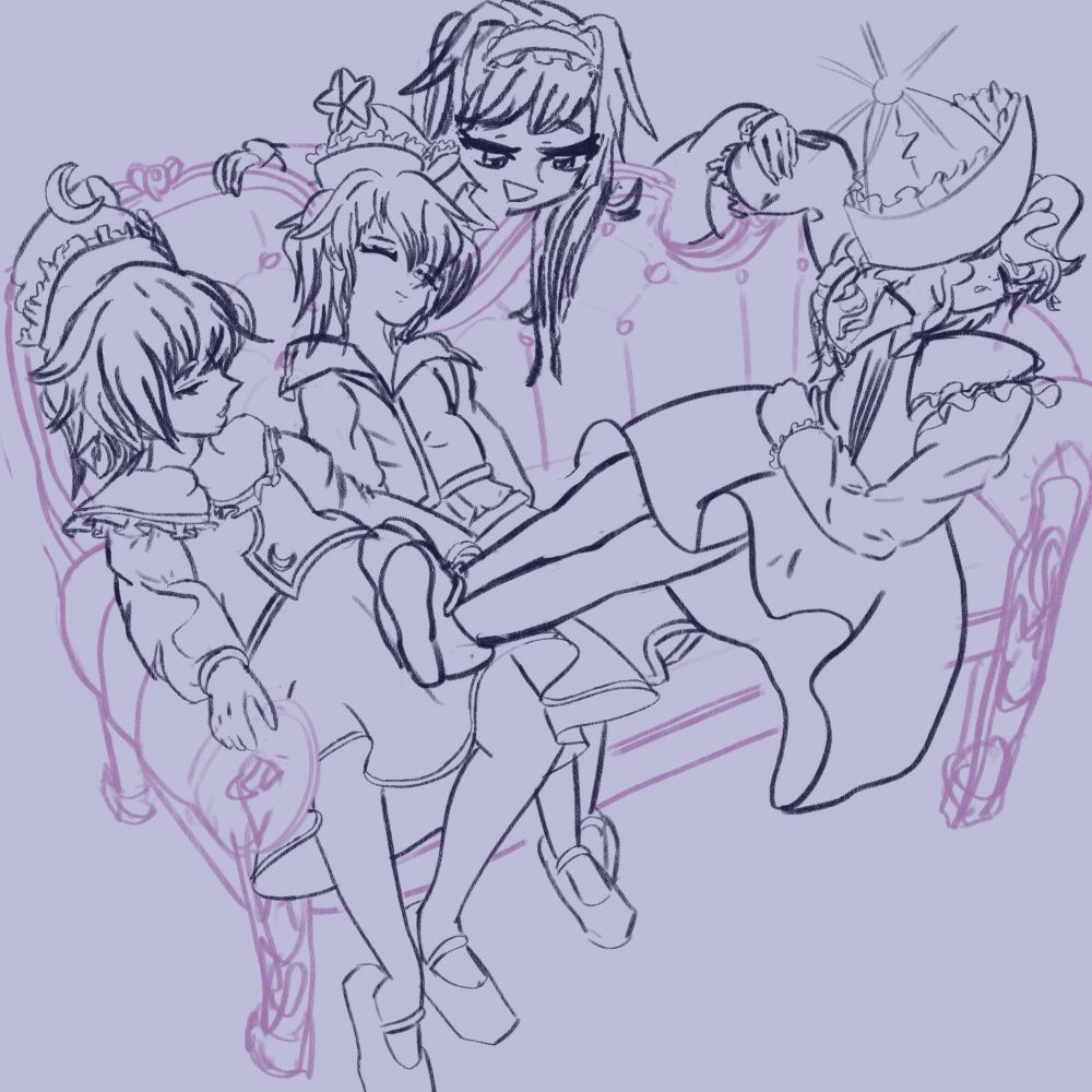 Prismriver sisters on an antique couch