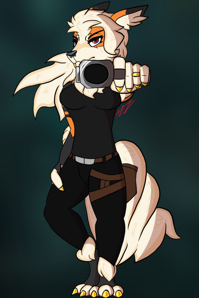 A digital drawing of the character Marley, featured as her furry design, property of Ziphora on Twitch and Bluesky. Marley is an anthropomorphic canine reminiscent of the Pokemon Arcanine. She is wearing a black sleeveless top, black pants, a brown belt, and a brown gun holster on her left thigh.  She has golden claws, golden fangs, and wears a golden wedding ring on her left hand. In her left hand, she holds a pistol, which is pointed at the viewer, held sideways.